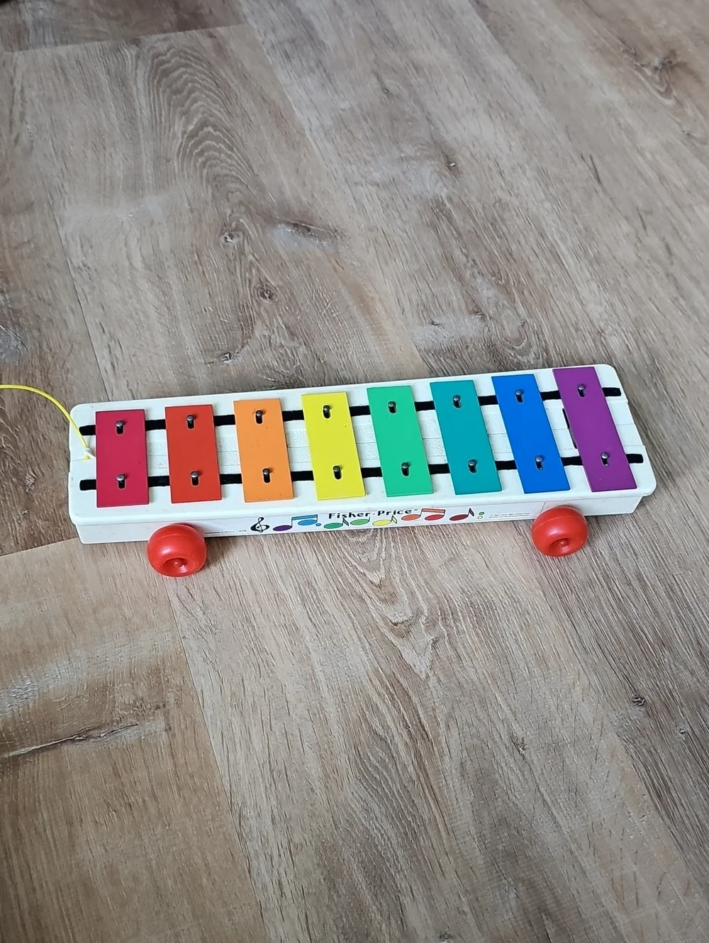 Fisher-Price Wooden Rainbow Xylophone Pull Toy with Red Wheels Vintage